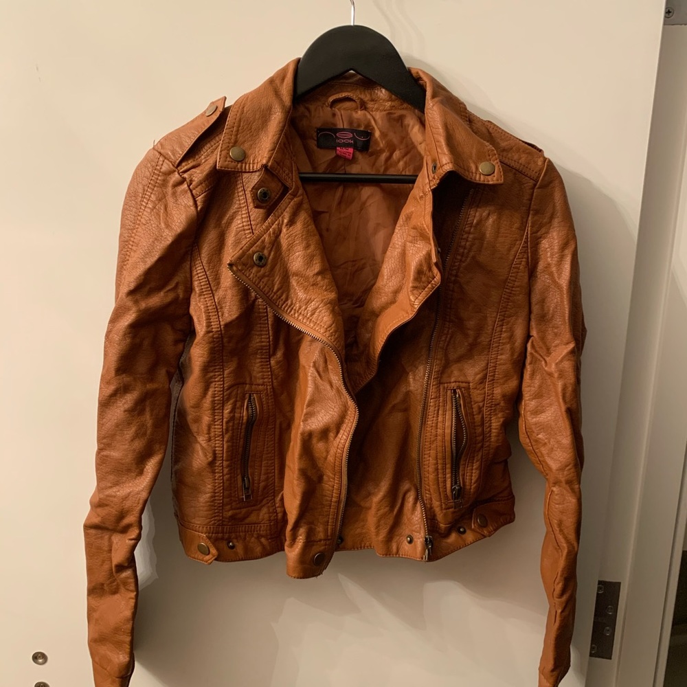 Camel faux leather jacket stylish brown